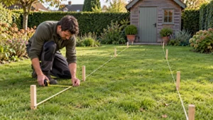 Een tuinroute met koord afbakenen vóór het grasvak een border wordt