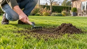 Tuinier verdeelt losse aarde van een molshoop met een hark