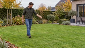 Tuinier strooit een afgemeten hoeveelheid najaarsmest gelijkmatig over droog gazon