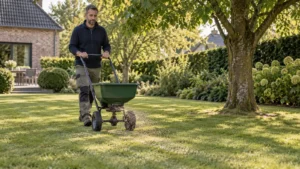 Tuinier verdeelt najaarsmest gelijkmatig over een schaduwgazon