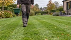 Tuinier verdeelt korrelmest met een handstrooier in rechte banen over droog gras.