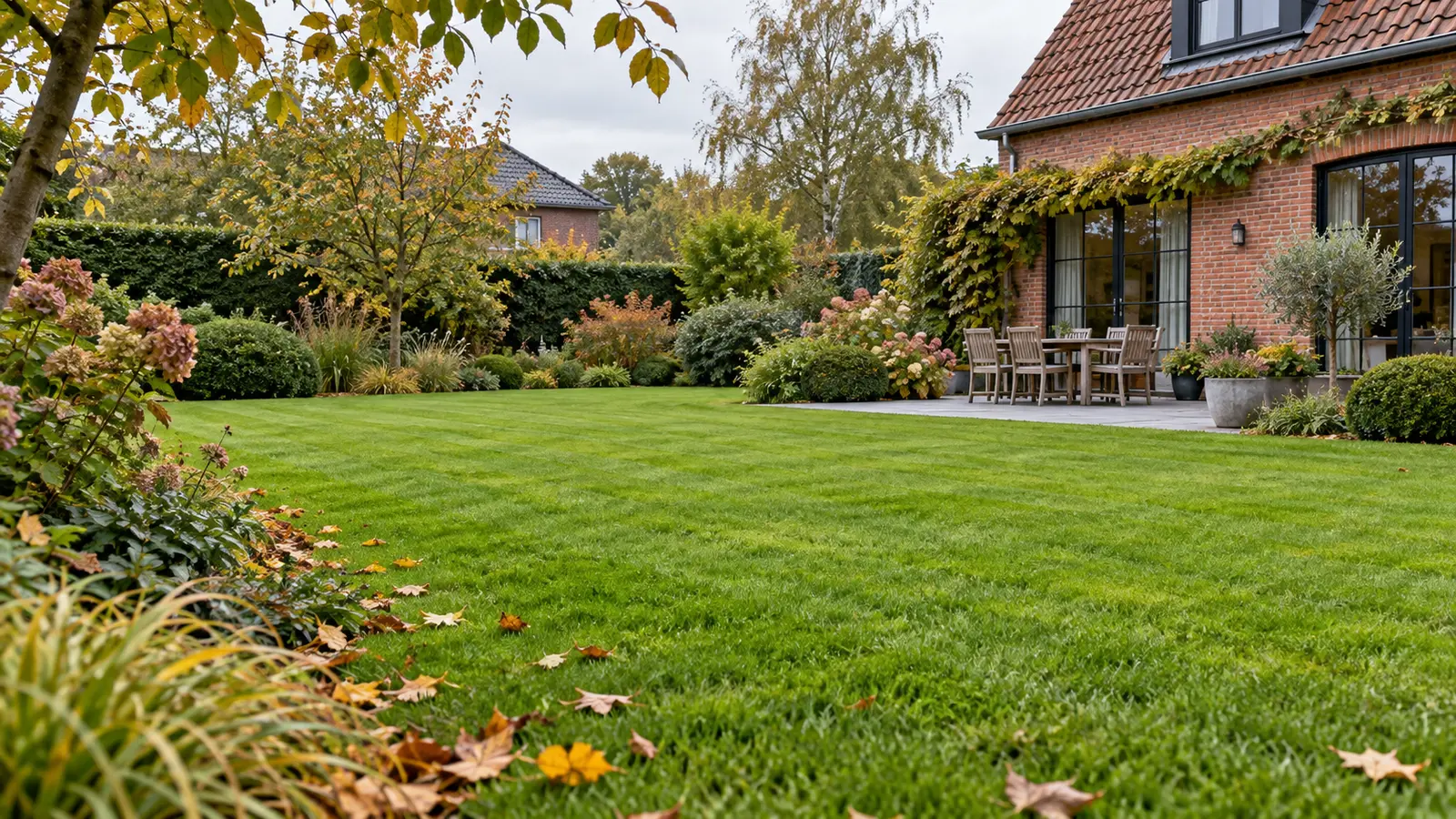 Verzorgd volwassen gazon in een Belgische tuin tijdens een rustige herfstdag