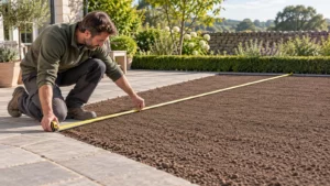 Tuinier meet een voorbereid gazonvlak voor dezelfde vergelijking van zaad en graszoden