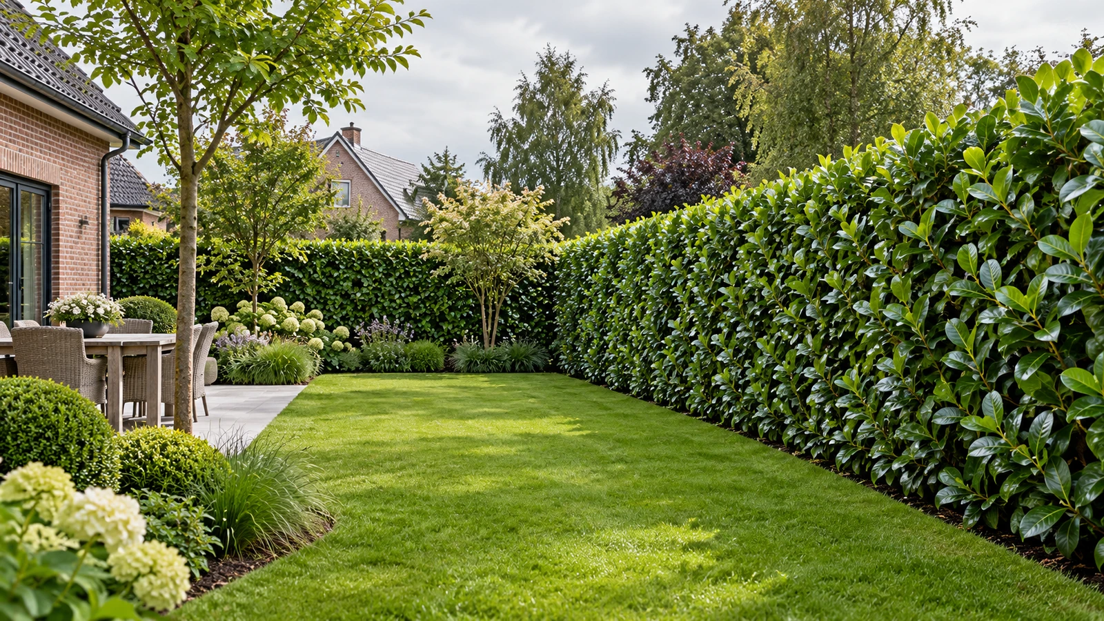 Volwassen laurierkershaag rond een verzorgd gazon
