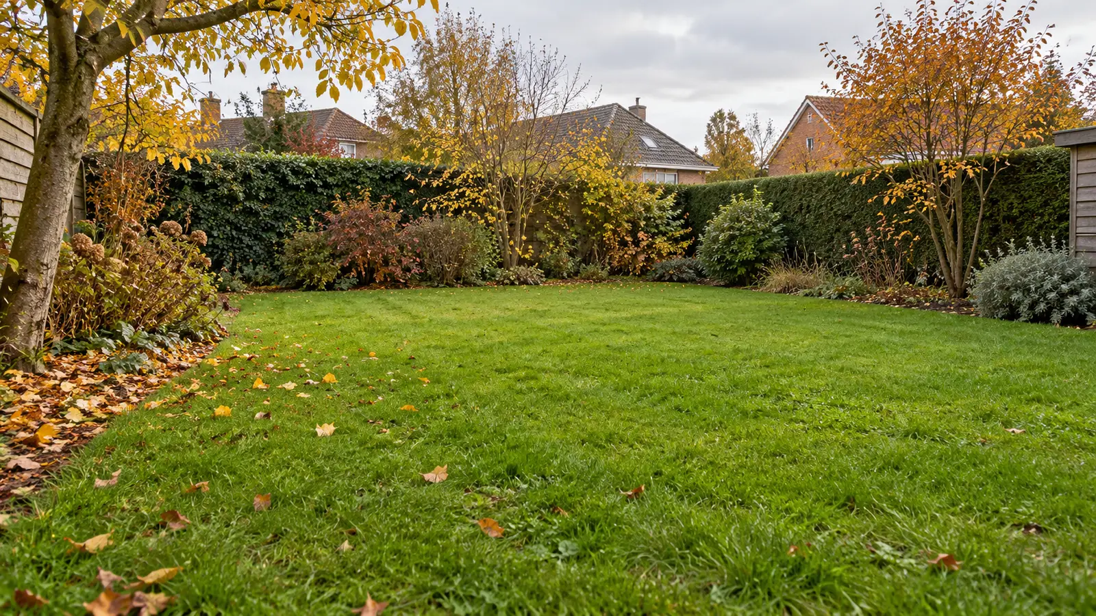 Belgisch gazon in oktober met herfstbladeren en gezonde grasmat