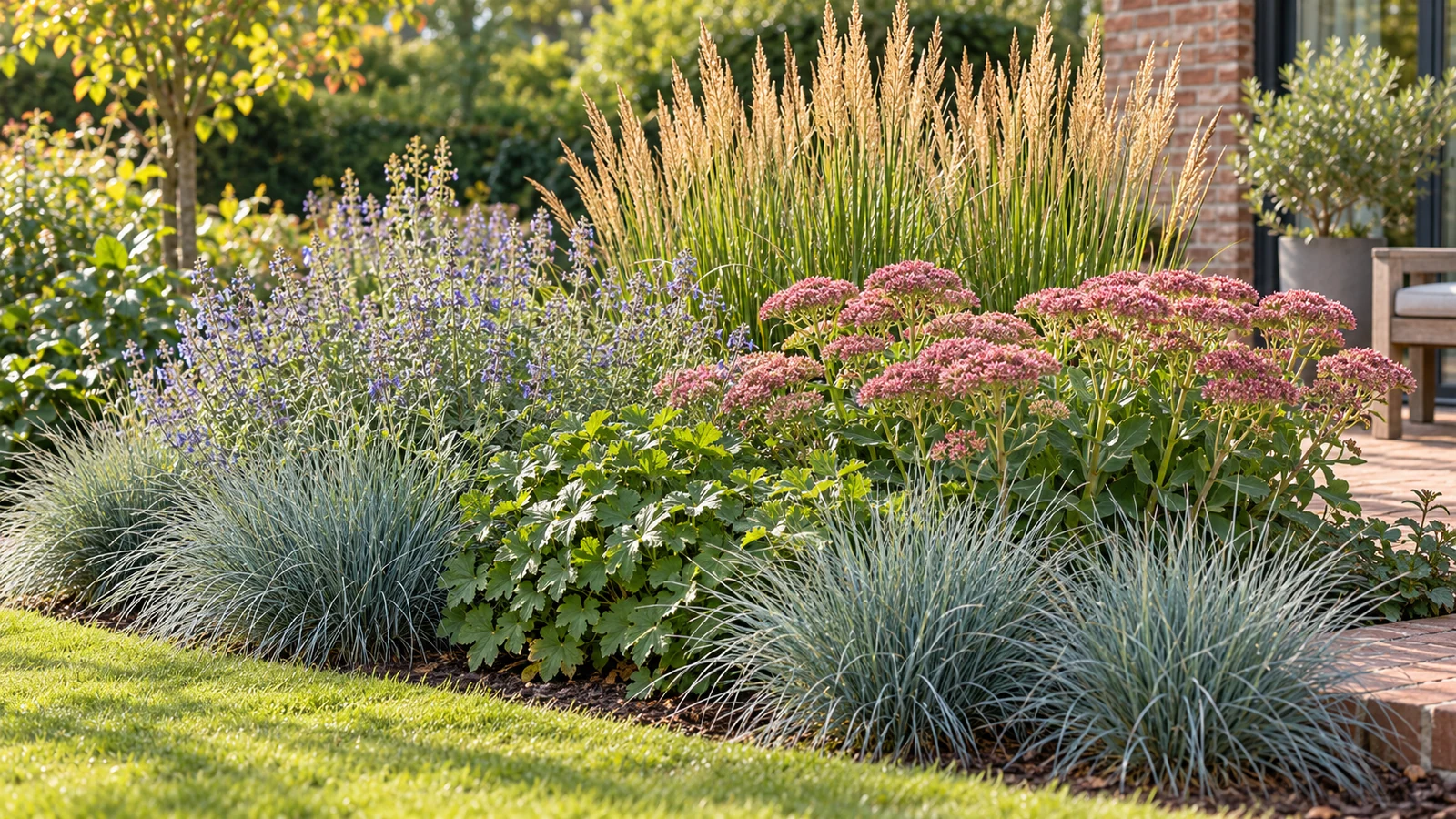 Een uitgegroeide border met vaste planten en siergrassen in een verzorgde tuin