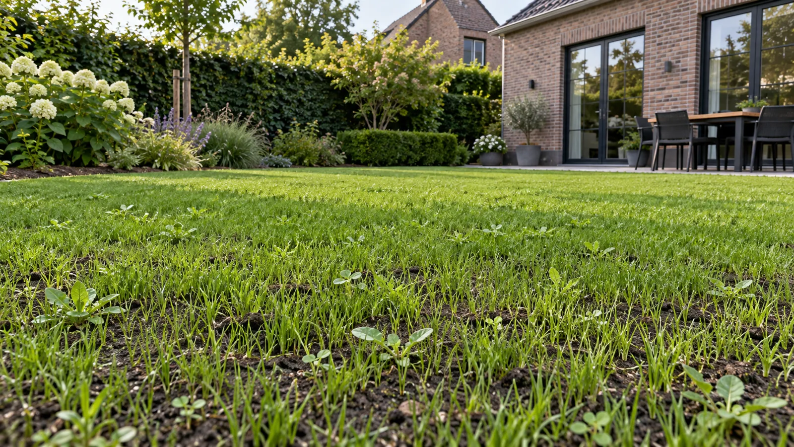 Jong ingezaaid gazon met verspreide onkruidzaailingen in een volwassen tuin