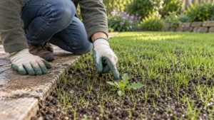 Tuinier beoordeelt een breedbladige zaailing vanaf het pad zonder het jonge gras uit te trekken