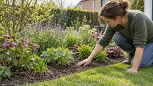 Tuinier controleert open ruimte tussen jonge vaste planten in een border