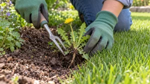 Een paardenbloem wordt gericht met een handvork losgemaakt naast jong gras