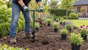 Tuinier maakt met een kleine grondboor een plantgat in losse steenarme bordergrond.