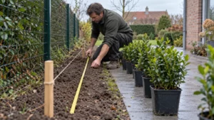 Tuinier zet de middenlijn van een smalle haag uit met koord