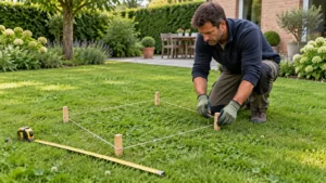 Tuinier markeert met koord een klein proefvak in een gazon