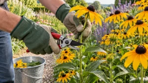 Tuinier knipt een afzonderlijke Rudbeckia-stengel met een snoeischaar