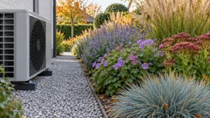 Smalle vrije servicestrook tussen borderplanten en warmtepomp