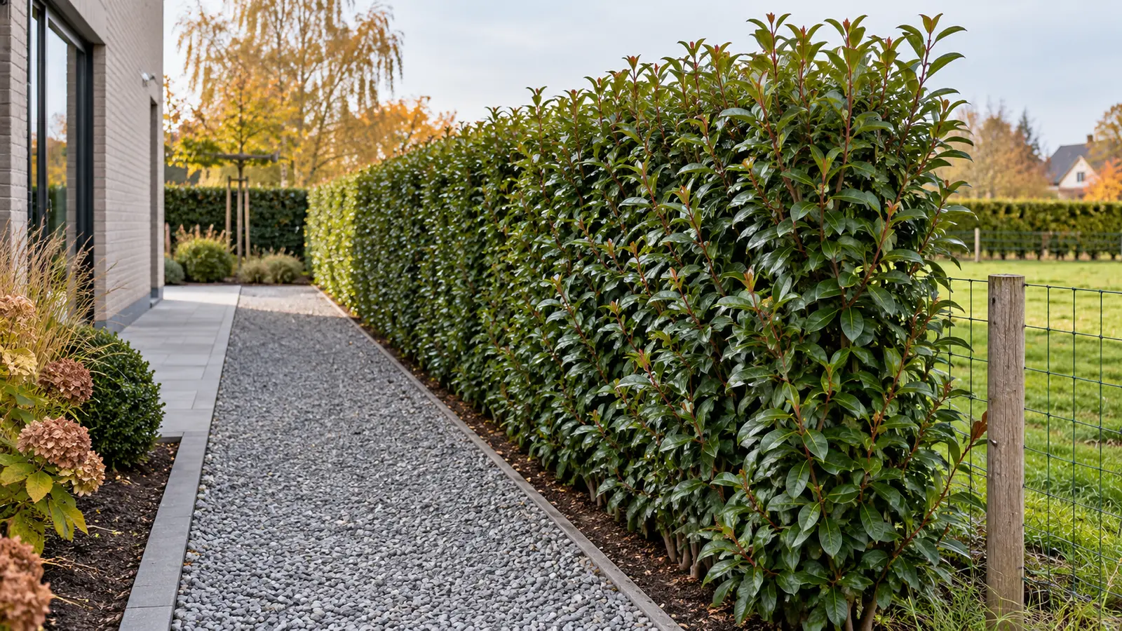Strak gesnoeide smalle Portugese laurierhaag langs Belgisch tuinpad