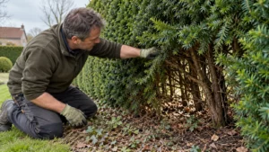 Tuinier bekijkt het oude hout onderaan een taxushaag