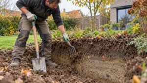 Tuinier controleert een dichte onderlaag in het bodemprofiel met spade en vork