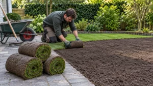 Tuinier meet een voorbereid gazonvlak voor dezelfde vergelijking van zaad en graszoden