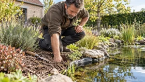 Tuinier controleert bodemvocht buiten de vijverfolie