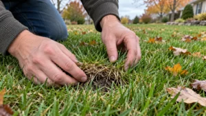 Tuinier controleert voorzichtig de viltlaag in een gazon