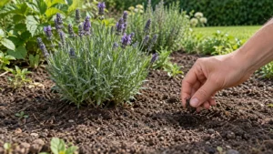 Blote vingers controleren de grond naast de kluit van jonge lavendel