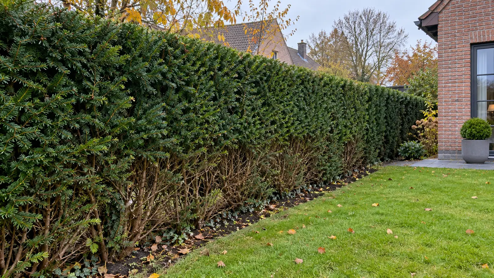 Volwassen taxushaag met kale onderste takken in een Belgische tuin