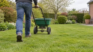 Tuinier verdeelt gazonvoeding met een strooiwagen over een groeiend gazon