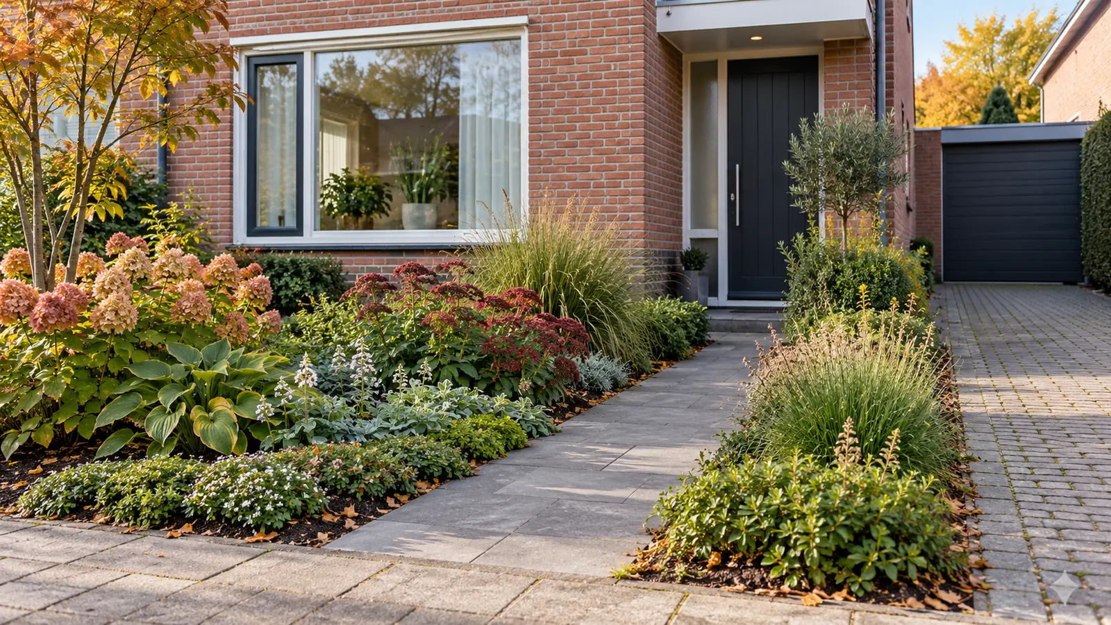 Belgische voortuin met lage border bij raam en hogere beplanting verder van de toegang
