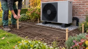 Tuinier markeert vrije lucht- en servicezone rond buitenunit
