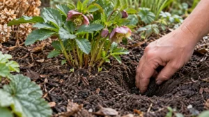 Tuinier controleert bodemvocht naast een jonge vaste plant