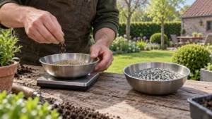 Graszaad en mestkorrels afzonderlijk in aparte bakjes afwegen