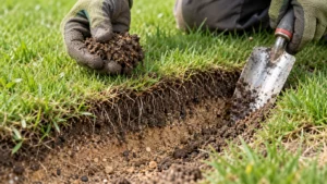 Tuinier bekijkt wortels en zandige ondergrond aan de rand van een gazon