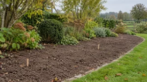 Voorbereide border met houten markeringen voor controle op nieuwe scheuten