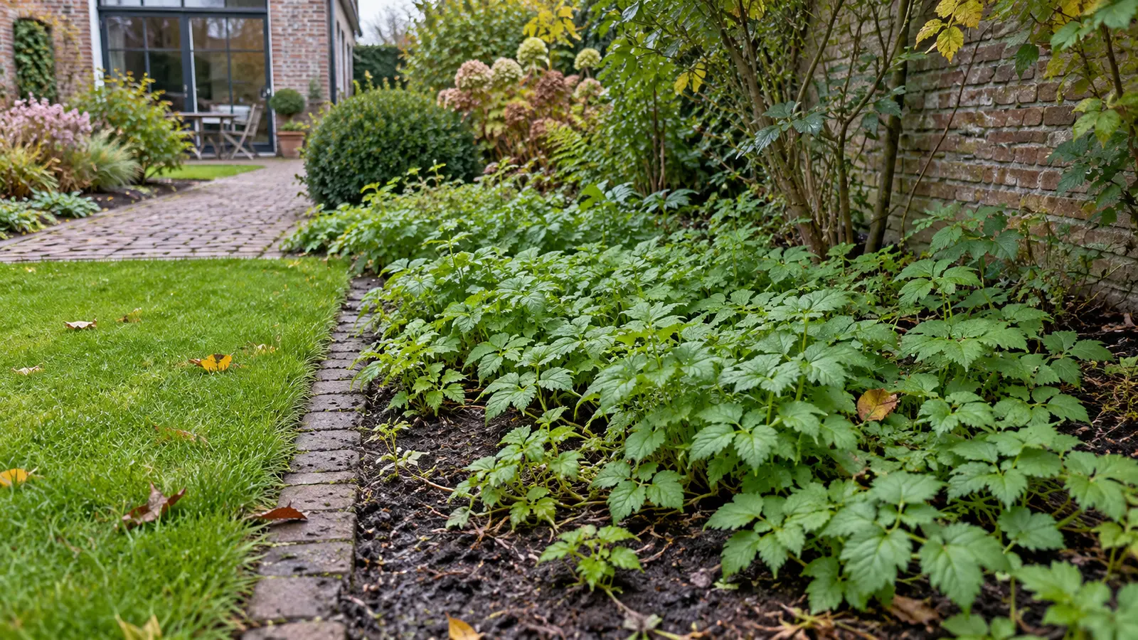 Zevenblad groeit dicht in een nog onbeplante border in een Belgische tuin