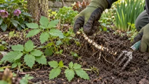 Tuinier haalt een witte wortelstok van zevenblad voorzichtig uit vochtige grond