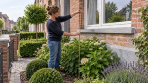 Tuinier markeert de maximale planthoogte onder een voortuinraam